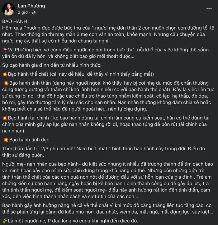 Nữ diễn viên Lan Phương tiết lộ nhiều góc khuất bạo hành sau ly hôn - Ảnh 1.