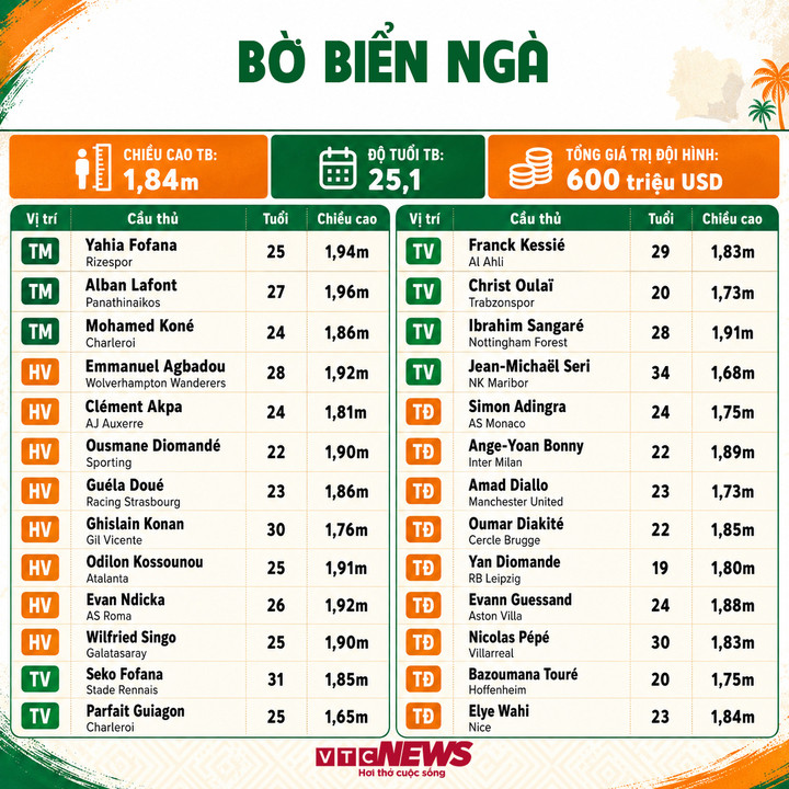 Thông số của đội tuyển Bờ Biển Ngà