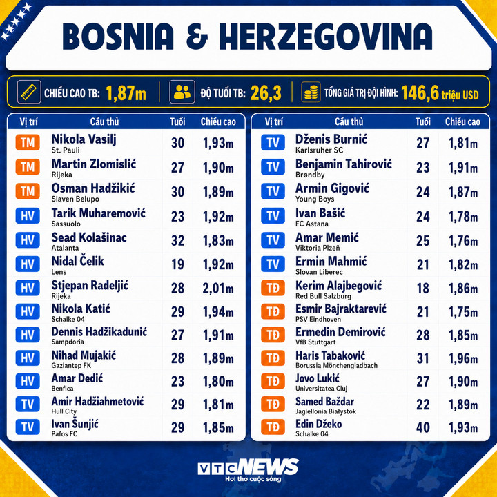 Thông số đội tuyển Bosnia & Herzegovina