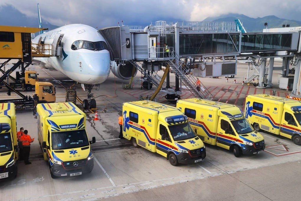 Ambulances on stand-by at Hong Kong International Airport on Saturday morning after authorities received news of serious turbulence on Cathay flight 156. Photo: Handout