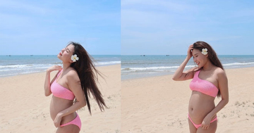 Thúy Diễm diện bikini hai mảnh khoe bụng bầu 4 tháng
