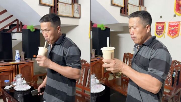 Dân mạng không khỏi bật cười khi thấy điệu bộ của người bố lần đầu uống trà sữa. (Ảnh chụp màn hình)
