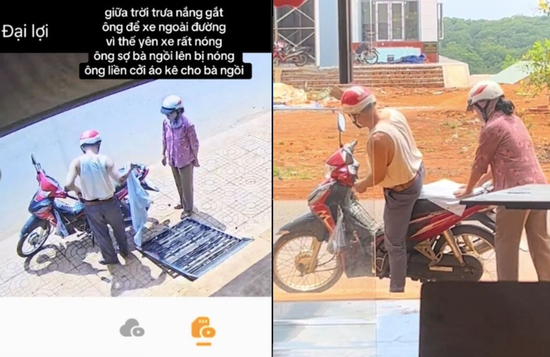 Cụ ông cởi áo che yên xe để vợ ngồi không bị nóng, dân mạng gọi là soái ca