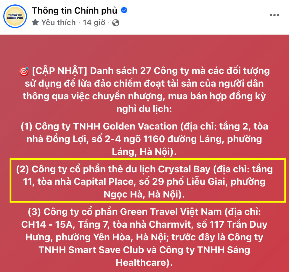 Công ty cổ phần thẻ du lịch Crystal Bay nằm trong danh sách 27 doanh nghiệp được sử dụng để lừa đảo thông qua việc mua bán hợp đồng kỳ nghỉ