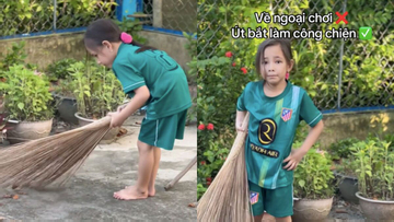 Clip 'khối nghỉ hè mà không nghỉ ngơi' chăm chỉ quét sân khiến dân mạng tan chảy