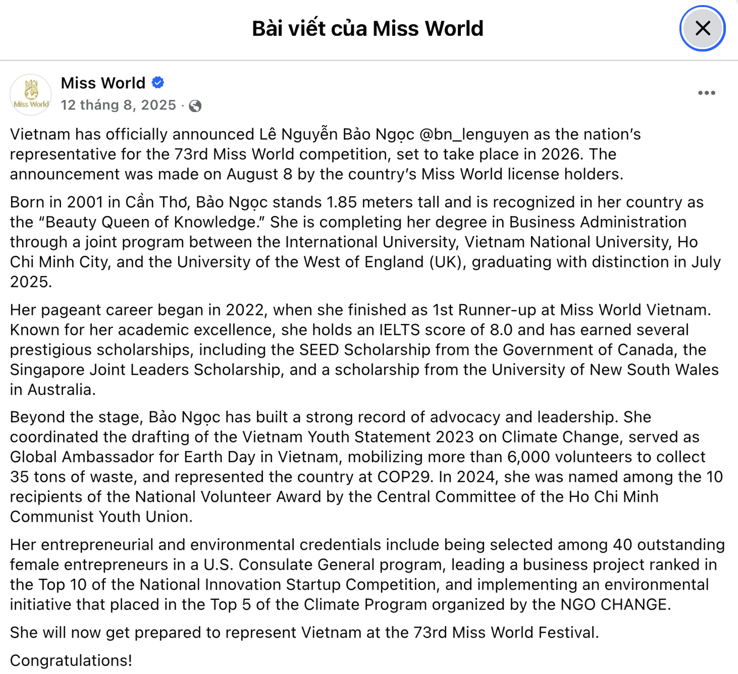 Xôn xao tin đồn về động thái của Miss World giữa ồn ào Bảo Ngọc phông bạt插图1 Xôn xao động thái của Miss World giữa ồn ào Bảo Ngọc