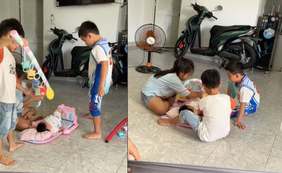 3 đứa trẻ cùng chăm em bé, dân mạng gọi là 'khối nghỉ hè ưu tú nhất năm'