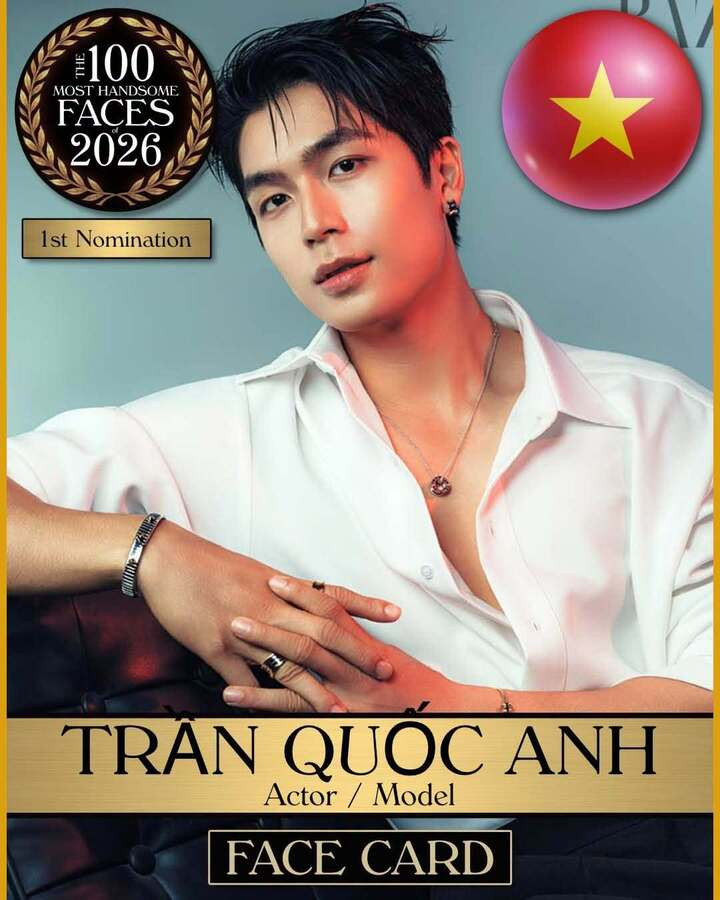 Diễn viên Quốc Anh gây chú ý khi tiếp tục xuất hiện trong đề cử 100 gương mặt đẹp trai nhất thế giới 2026 do chuyên trang phê bình điện ảnh độc lập TC Candler bình chọn.