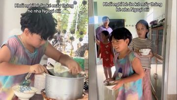 Cảnh 6 đứa cháu nghỉ hè xếp hàng ăn cơm bà nấu khiến dân mạng nhớ tuổi thơ