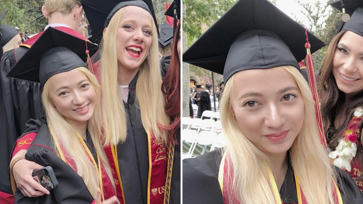 Xuân Nghi chụp ảnh cùng bạn bè đại học tại Đại học Nam California (USC); cô nàng thời kỳ này sở hữu mái tóc dài và theo học chuyên ngành Sản xuất âm nhạc (Music Industry).