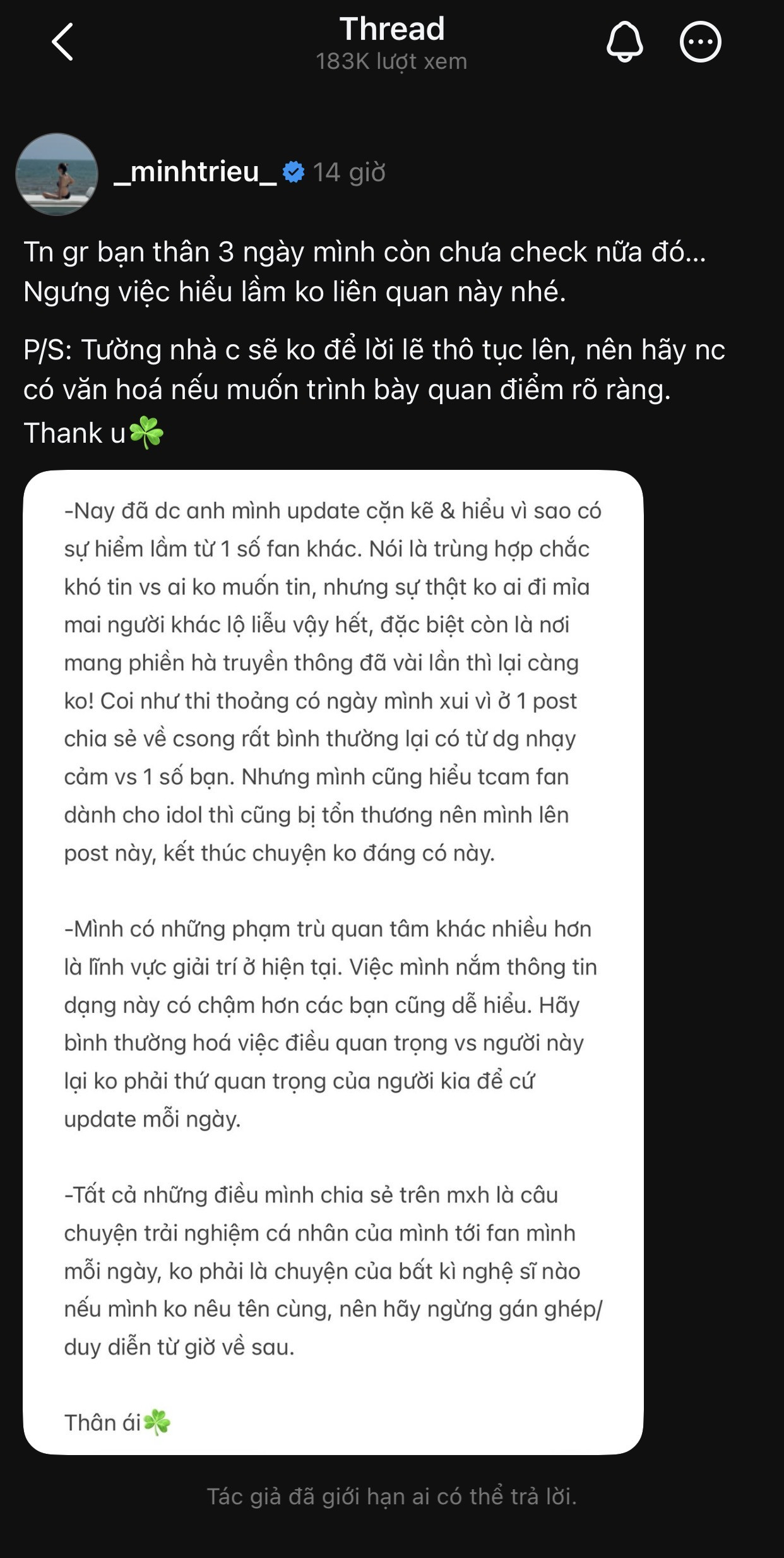 Minh Triệu giới hạn bình luận trên bài đăng lên tiếng của mình (Ảnh: Threads nhân vật)