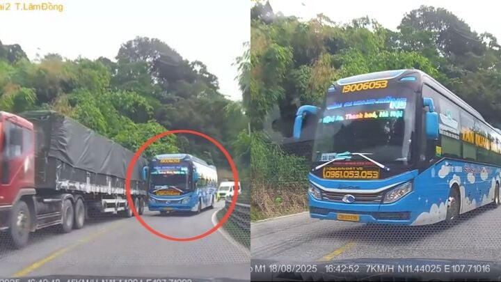 Bất chấp đoạn đường đèo hẹp và cua khuất tầm nhìn, tài xế xe khách vẫn cố tình lấn làn, vượt ẩu, suýt dẫn đến tai nạn đối đầu. Ảnh cắt từ clip quay tại đường đèo hướng Đồng Nai lên Đà Lạt vào ngày 18/8/2025.