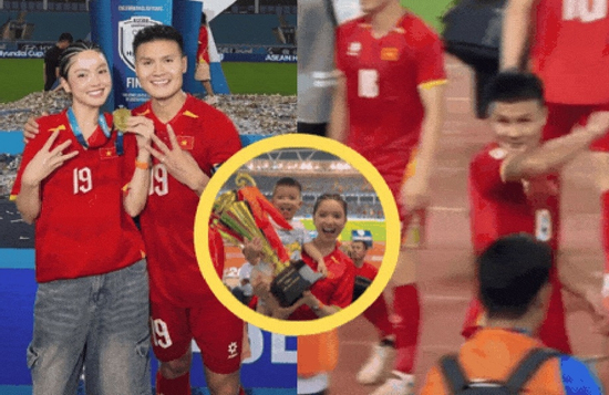 Quang Hải cười hớn hở, vẫy tay rối rít khi tìm thấy vợ, đeo huy chương vô địch ASEAN Cup cho Chu Thanh Huyền