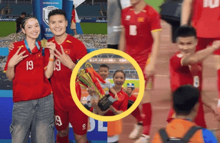 Quang Hải cười hớn hở, vẫy tay rối rít khi tìm thấy vợ, đeo huy chương vô địch ASEAN Cup cho Chu Thanh Huyền