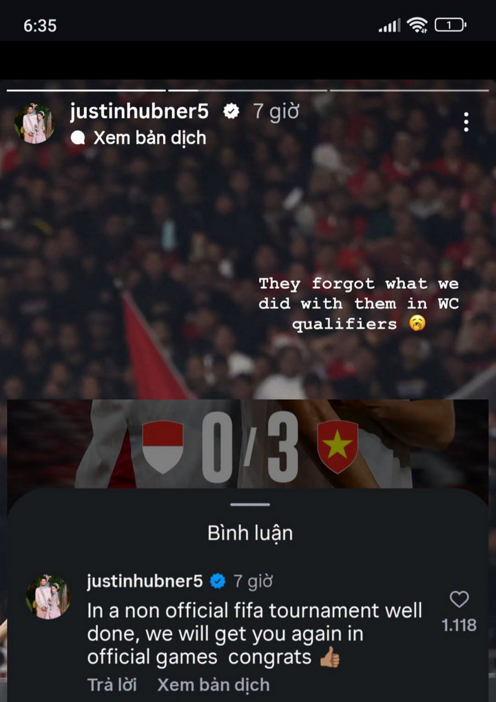 Justin Hubner đăng bài với nội dung gây tranh cãi sau thất bại của Indonesia.