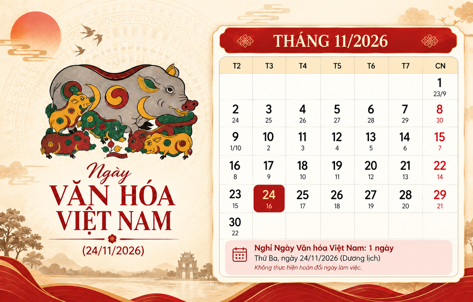 Kỳ nghỉ lễ Văn hóa Việt Nam năm 2026 dự kiến 1 ngày. (Ảnh: AI)