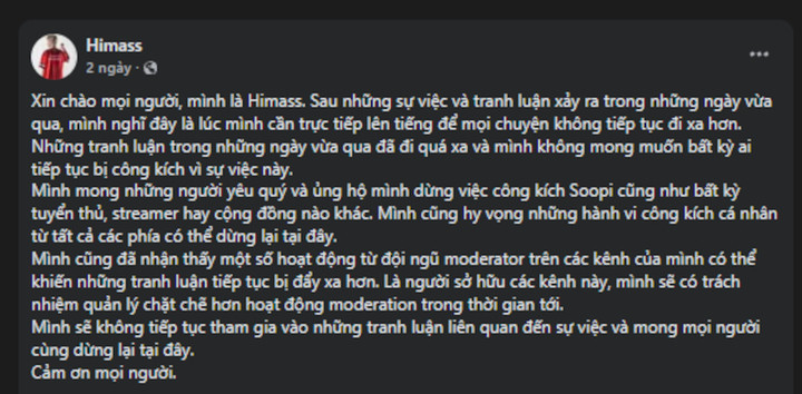 Game thủ Himass viết tâm thư sau tranh cãi
