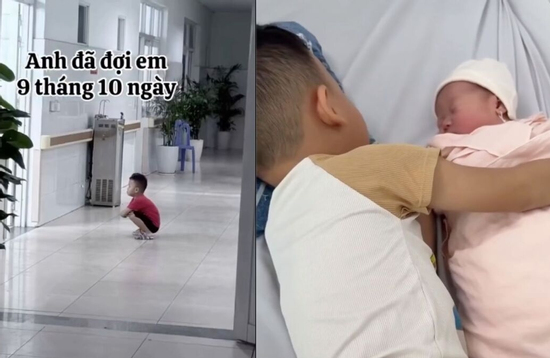Rưng rưng cảnh cậu nhóc ngồi xổm ngoài phòng sinh chờ em bé chào đời